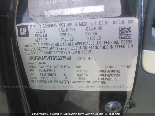 3GNBAAFW7BS633699 - 2011 CHEVROLET HHR LS 黑色 照片 9