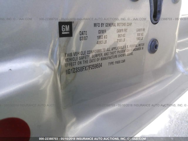 1G1ZS58FX7F259604 - 2007 CHEVROLET MALIBU LS 灰色 照片 9