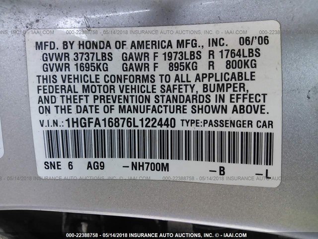 1HGFA16876L122440 - 2006 HONDA CIVIC EX SILVER photo 9