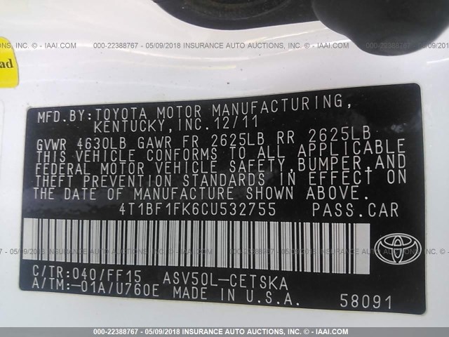 4T1BF1FK6CU532755 - 2012 TOYOTA CAMRY SE/LE/XLE 白色 照片 9