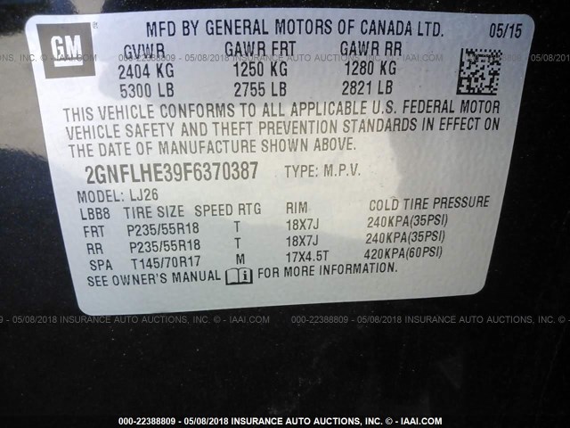 2GNFLHE39F6370387 - 2015 CHEVROLET EQUINOX LTZ BLACK photo 9