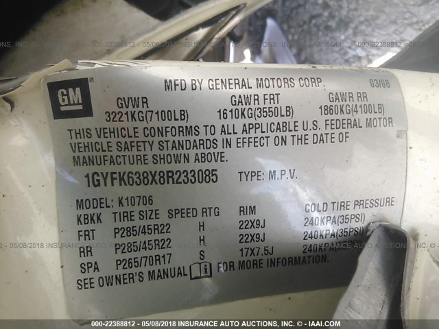 1GYFK638X8R233085 - 2008 CADILLAC ESCALADE LUXURY თეთრი ფოტო 9