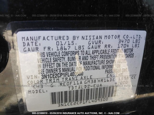 3N1CE2CP1FL409500 - 2015 NISSAN VERSA NOTE S/S PLUS/SV/SL/SR BLACK photo 9