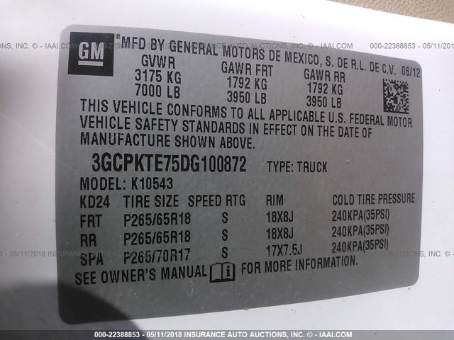 3GCPKTE75DG100872 - 2013 CHEVROLET SILVERADO K1500 LTZ WHITE photo 9