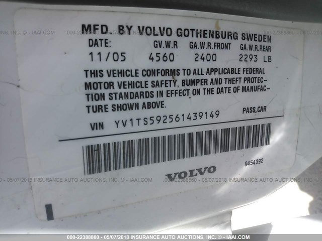 YV1TS592561439149 - 2006 VOLVO S80 2.5T WHITE photo 9