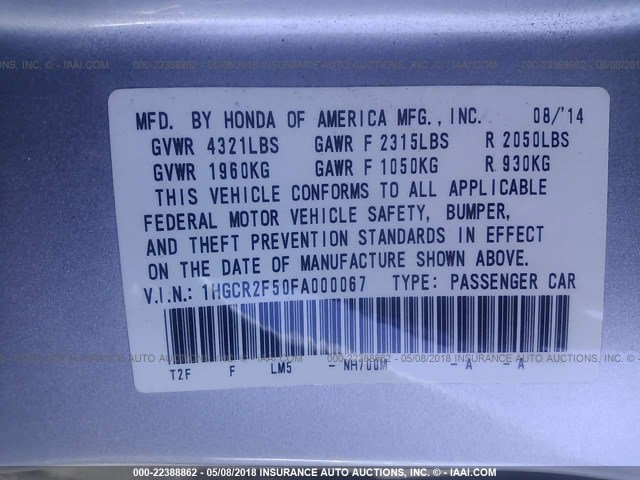 1HGCR2F50FA000067 - 2015 HONDA ACCORD SPORT 银色 照片 9