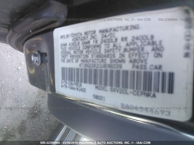 4T1BG22K21U836039 - 2001 TOYOTA CAMRY CE/LE/XLE BLACK photo 9