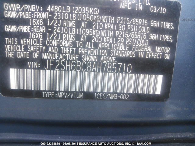 JF2SH6BC8AH785710 - 2010 SUBARU FORESTER XS Mavi foto 9