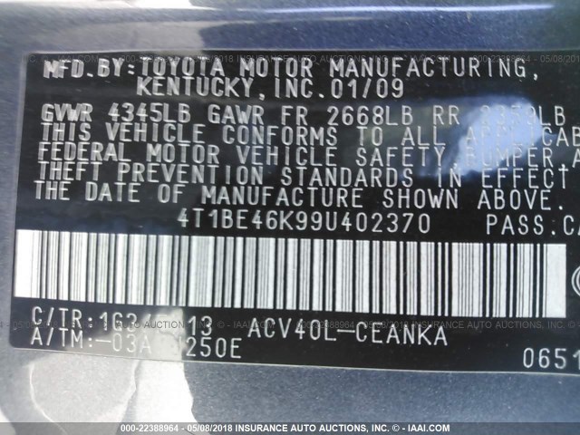 4T1BE46K99U402370 - 2009 TOYOTA CAMRY SE/LE/XLE GRAY photo 9