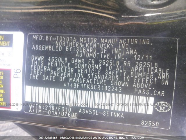 4T4BF1FK6CR182243 - 2012 TOYOTA CAMRY SE/LE/XLE 黑色 照片 9