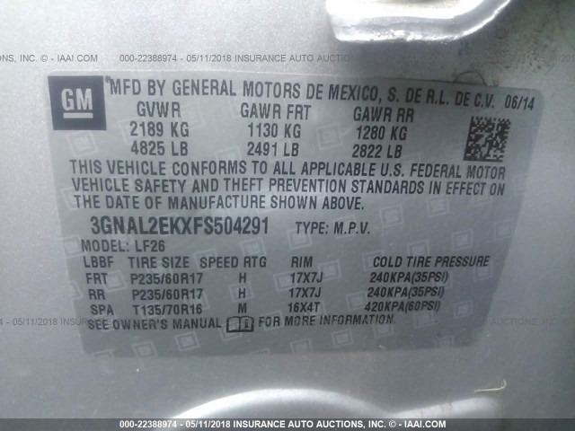 3GNAL2EKXFS504291 - 2015 CHEVROLET CAPTIVA LS 银色 照片 9