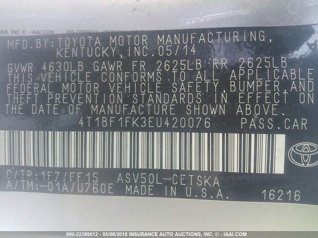 4T1BF1FK3EU420076 - 2014 TOYOTA CAMRY L/SE/LE/XLE 银色 照片 9