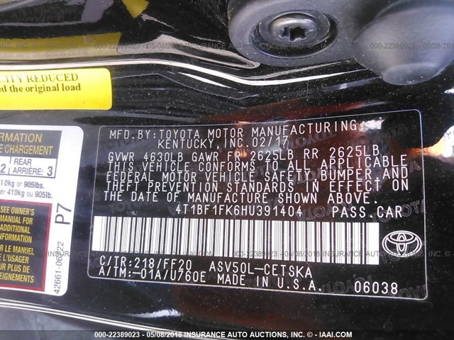 4T1BF1FK6HU391404 - 2017 TOYOTA CAMRY LE/XLE/SE/XSE BLACK photo 9