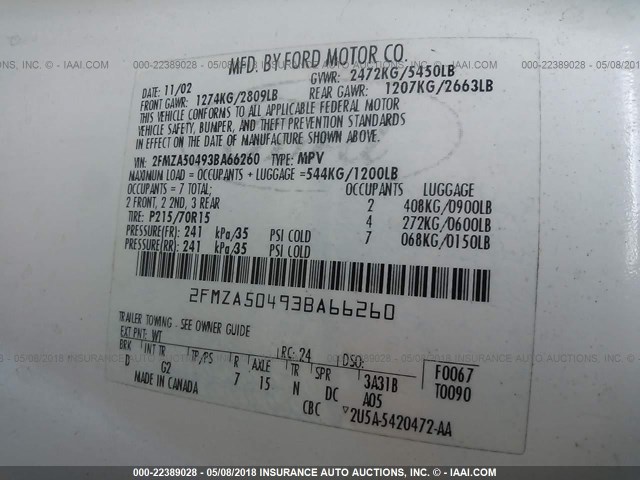 2FMZA50493BA66260 - 2003 FORD WINDSTAR WAGON WHITE photo 9