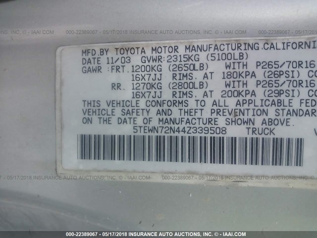 5TEWN72N44Z339508 - 2004 TOYOTA TACOMA XTRACAB SILVER photo 9