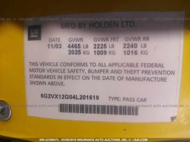 6G2VX12G04L201619 - 2004 PONTIAC GTO YELLOW photo 9