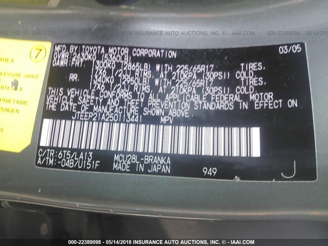 JTEEP21A250113441 - 2005 TOYOTA HIGHLANDER LIMITED 绿色 照片 9