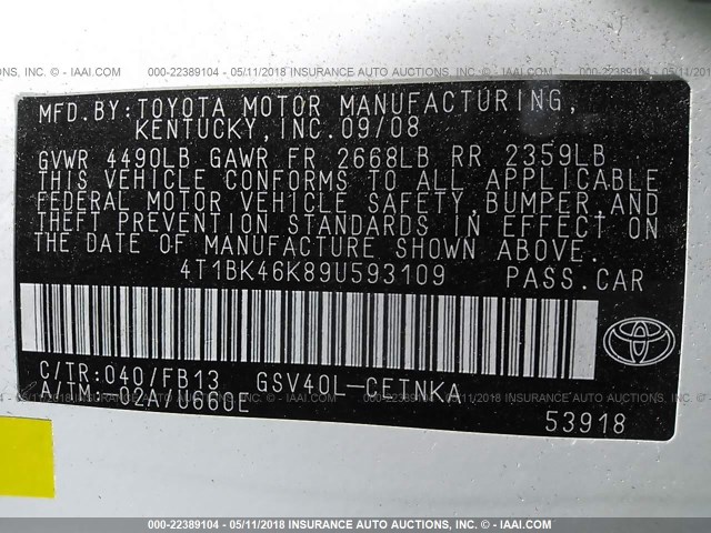 4T1BK46K89U593109 - 2009 TOYOTA CAMRY SE/LE/XLE 白色 照片 9