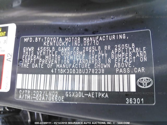 4T1BK3DB3BU378238 - 2011 TOYOTA AVALON LIMITED BLACK photo 9