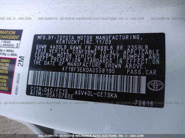 4T1BF3EK0AU558195 - 2010 TOYOTA CAMRY SE/LE/XLE 白色 照片 9