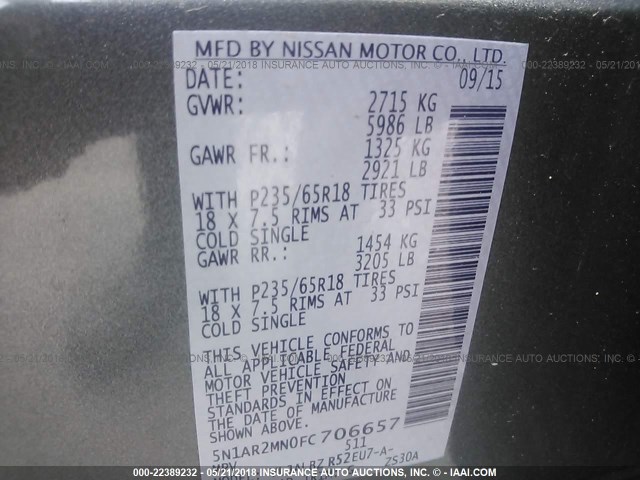 5N1AR2MN0FC706657 - 2015 NISSAN PATHFINDER S/SV/SL/PLATINUM 银色 照片 9