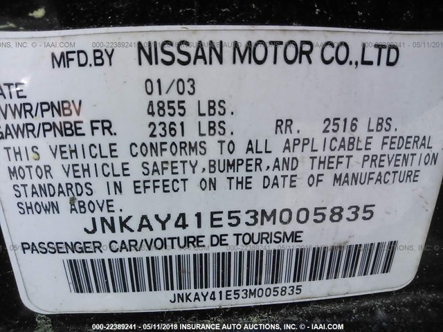 JNKAY41E53M005835 - 2003 INFINITI M45 BLACK photo 9