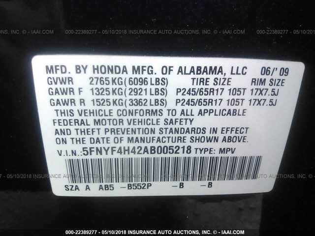 5FNYF4H42AB005218 - 2010 HONDA PILOT EX BLUE photo 9