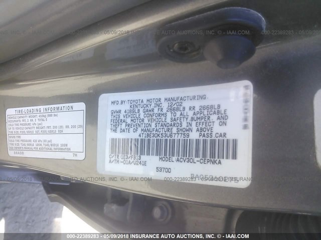 4T1BE30K53U677759 - 2003 TOYOTA CAMRY LE/XLE/SE ნაცრისფერი ფოტო 9