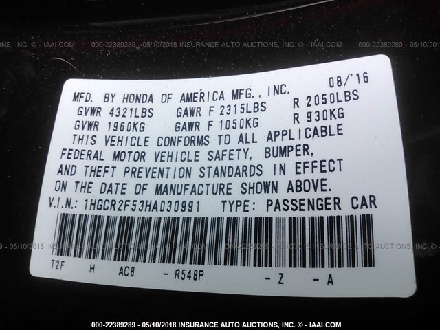 1HGCR2F53HA030991 - 2017 HONDA ACCORD SPORT 栗色 照片 9