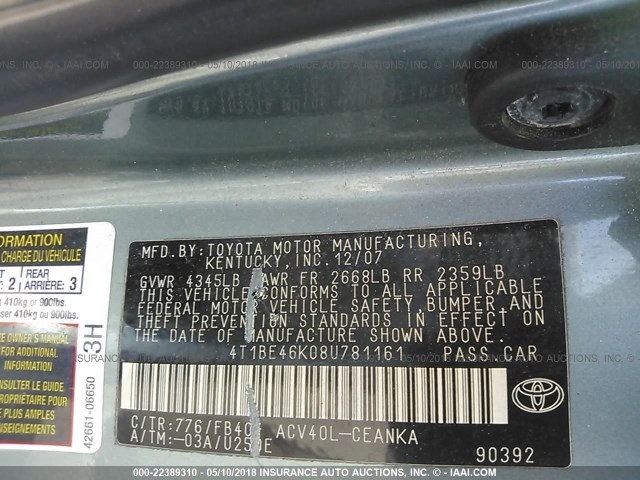 4T1BE46K08U781161 - 2008 TOYOTA CAMRY CE/LE/XLE/SE BLUE photo 9