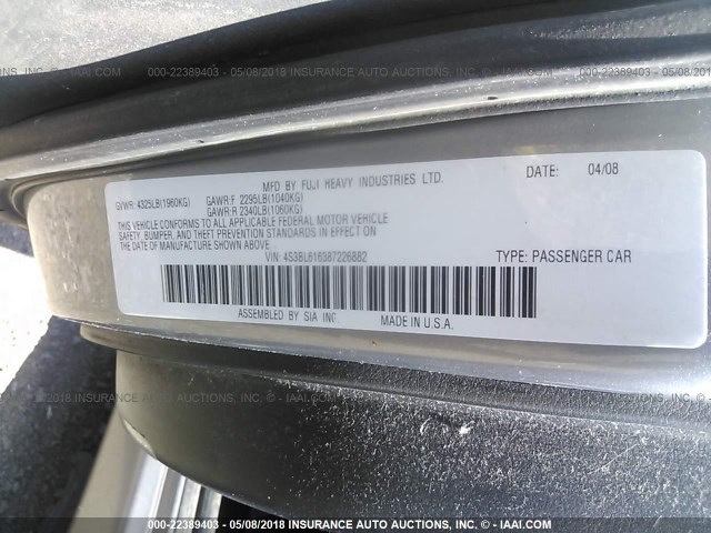 4S3BL616387226882 - 2008 SUBARU LEGACY 2.5I GRAY photo 9