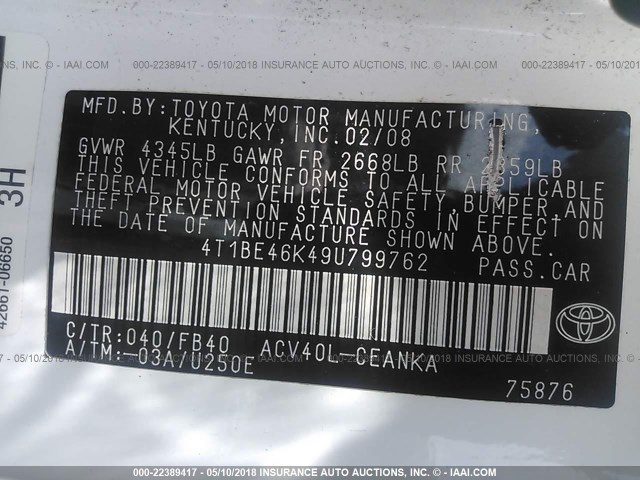 4T1BE46K49U799762 - 2009 TOYOTA CAMRY SE/LE/XLE 白色 照片 9