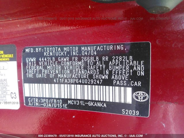 4T1FA38P64U029247 - 2004 TOYOTA CAMRY SOLARA SE/SLE წითელი ფოტო 9