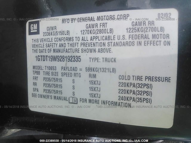 1GTDT19W928192335 - 2002 GMC SONOMA GREEN photo 9