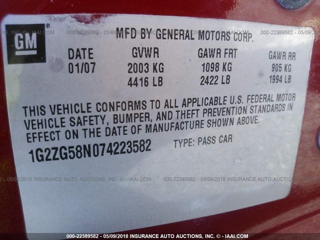 1G2ZG58N074223582 - 2007 PONTIAC G6 SE RED photo 9