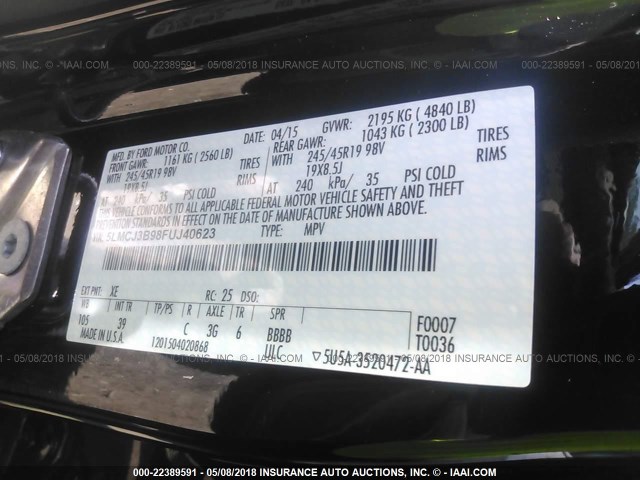 5LMCJ3B98FUJ40623 - 2015 LINCOLN MKC BLACK LABEL Черный фото 9