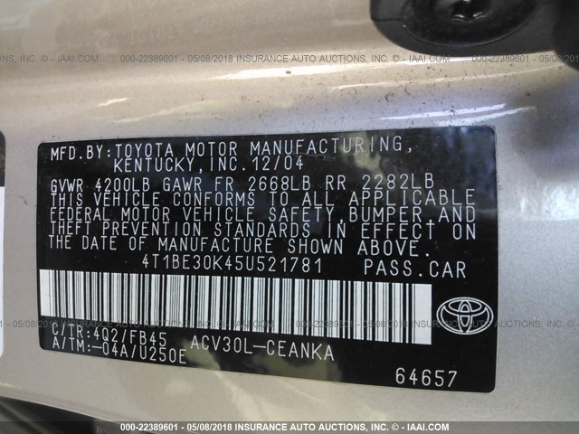 4T1BE30K45U521781 - 2005 TOYOTA CAMRY LE/XLE/SE ოქროსფერი ფოტო 9