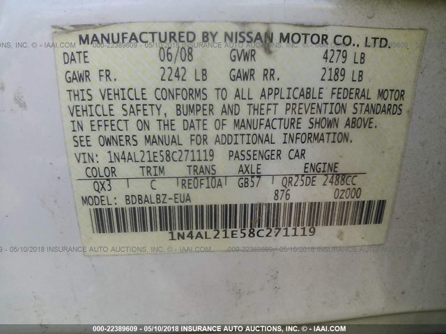 1N4AL21E58C271119 - 2008 NISSAN ALTIMA 2.5/2.5S WHITE photo 9