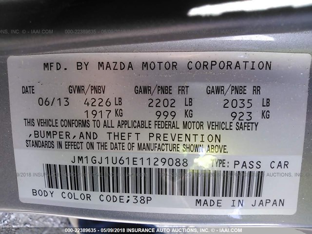 JM1GJ1U61E1129088 - 2014 MAZDA 6 SPORT SILVER photo 9