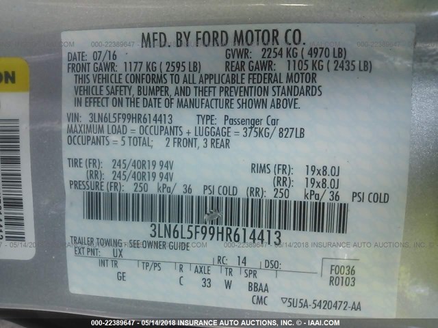 3LN6L5F99HR614413 - 2017 LINCOLN MKZ RESERVE ვერცხლისფერი ფოტო 9