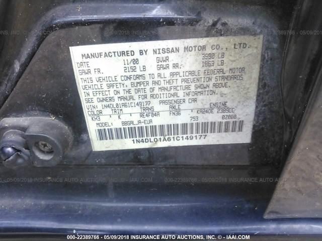 1N4DL01A61C149177 - 2001 NISSAN ALTIMA GXE/GLE/SE BLACK photo 9