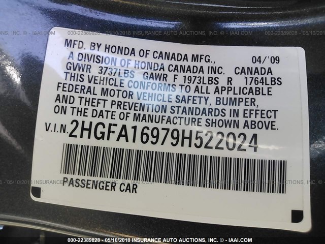 2HGFA16979H522024 - 2009 HONDA CIVIC EXL Boz foto 9