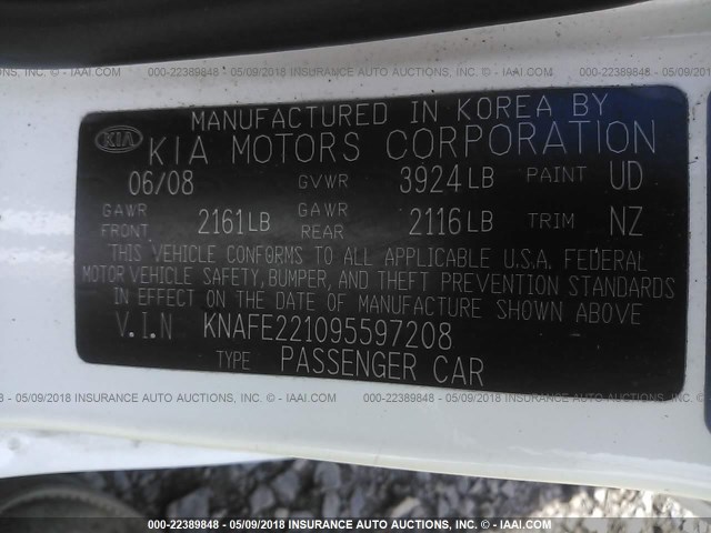 KNAFE221095597208 - 2009 KIA SPECTRA EX/LX/SX WHITE photo 9