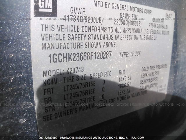 1GCHK23668F120287 - 2008 CHEVROLET SILVERADO K2500 HEAVY DUTY GRAY photo 9