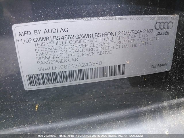 WAUJC68E43A243580 - 2003 AUDI A4 1.8T GRAY photo 9