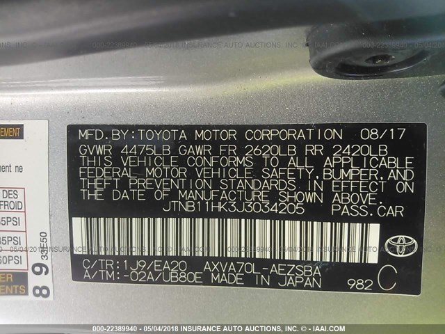 JTNB11HK3J3034205 - 2018 TOYOTA CAMRY L/LE/XLE/SE/XSE SILVER photo 9