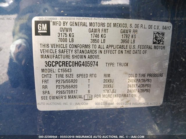 3GCPCREC0HG405974 - 2017 CHEVROLET SILVERADO C1500 LT BLUE photo 9