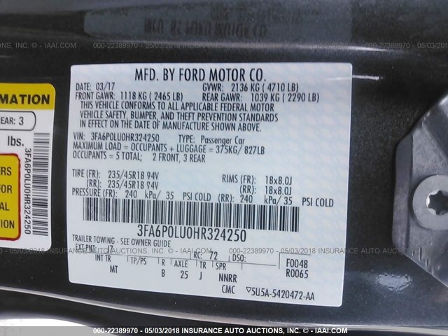 3FA6P0LU0HR324250 - 2017 FORD FUSION SE HYBRID GRAY photo 9