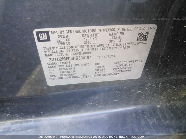 3GTU2MEC0HG304197 - 2017 GMC SIERRA K1500 SLE GRAY photo 9