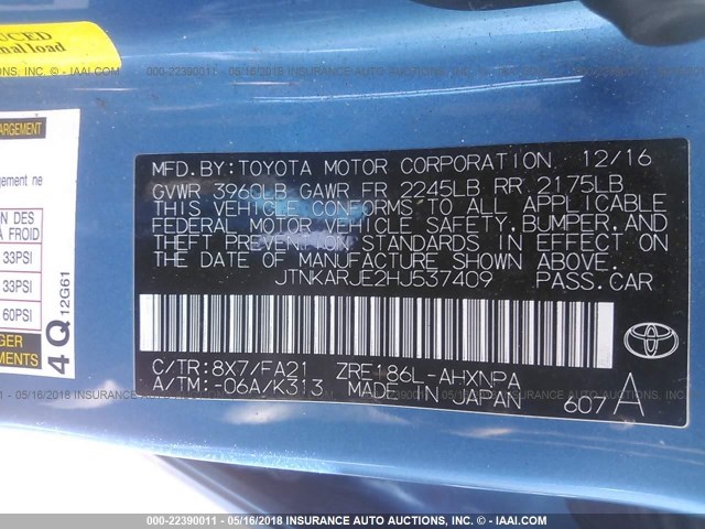 JTNKARJE2HJ537409 - 2017 TOYOTA COROLLA IM BLUE photo 9